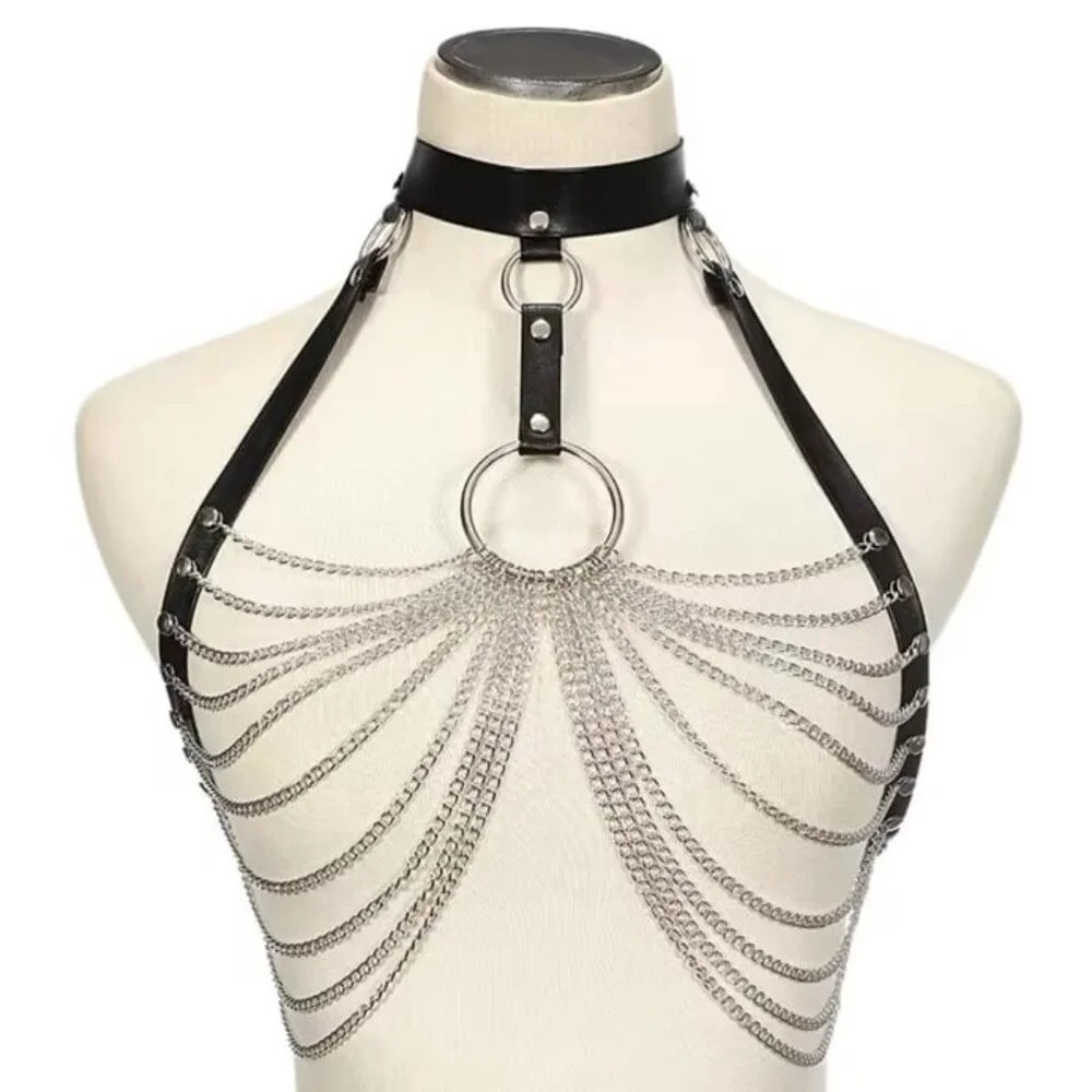 PU Leather Body Chain Draped Hoop Harness Belt Accessory
